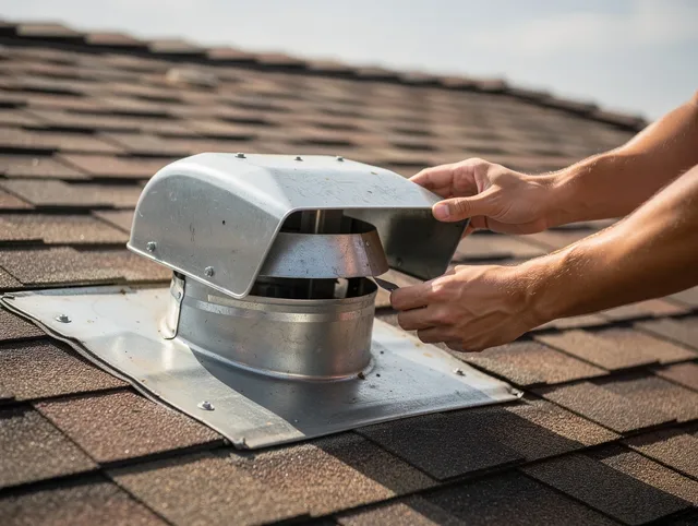 Montclair Dryer Vent Cleaning certified technician safely cleaning a roof-mounted dryer vent in Montclair