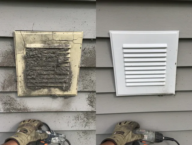 Montclair Dryer Vent Cleaning technician installing high-quality dryer vent cover at a residential property in Montclair