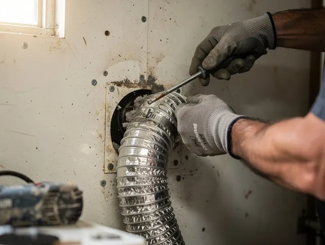 Montclair Dryer Vent Cleaning technician performing precise dryer vent hose installation in Montclair